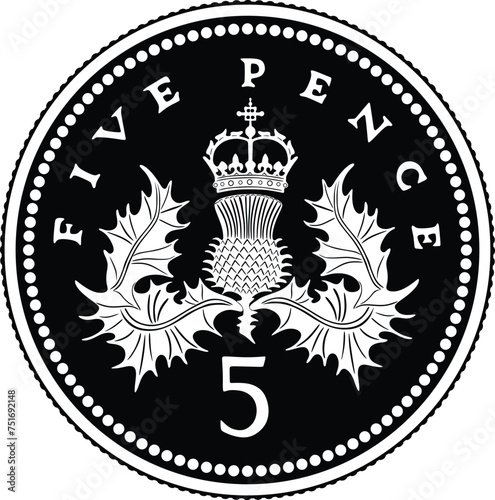 England five pence coin vector silhouette in black color