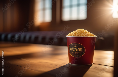 a cup of hollywood popcorn is sitting on a wooden table