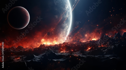 A breathtaking image of a planet's fiery destruction against a mountainous terrain, all set in a star-studded cosmic background