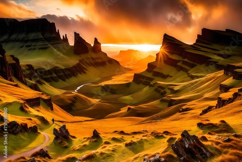 sunset over the mountains, Witness the breathtaking majesty of the Quiraing mountains as the sun dips below the horizon, casting a golden glow over the Isle of Skye, Scotland