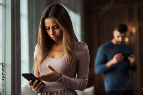  Jealousy. Suspicious Wife Reading Husband's Messages On Smartphone Standing Behind His Back While He Texting In Social Media Indoors. Jealous Girlfriend Checking Boyfriend's Chats Suspecting