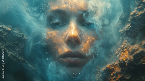 a close up of a woman s face in the water