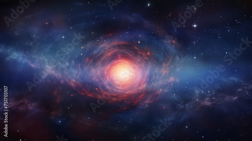 A striking image of a spiral galaxy with a vivid central glow and swirling patterns in red and blue shades