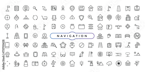 Navigation icons set. Thin line icons for business, marketing, social media, UI and UX, finance and banking, navigation, mobile app.