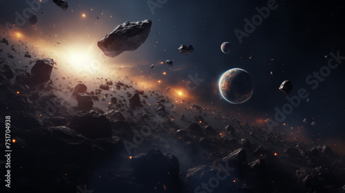 This captivating space scene showcases a dynamic array of asteroids orbiting a strikingly detailed planet with a radiant star illuminating the dark cosmos