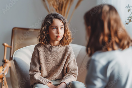 Child talking to therapist. White walls bright home. Mental health in important.