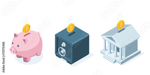 isometric piggy bank with coin, safe and bank building, in color on a white background, banking and financial savings or deposit