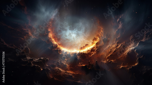A striking depiction of a nebula with glowing edges and ethereal light radiating amidst cosmic clouds