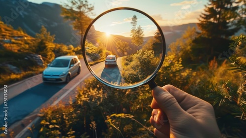 Concept hand holding magnifying glass, capturing car and beautiful mountain views through the glass.