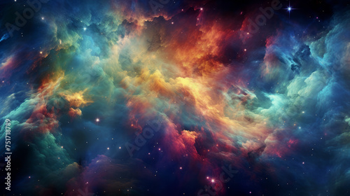 Deep in the cosmos, this stunning image depicts a nebula bursting with an array of vibrant colors and twinkling stars