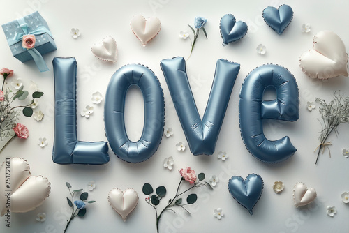 blue inflated, plump , three-dimensional.letters in text LOVE with flowers on white background . Greeting card , seasonal holiday. .