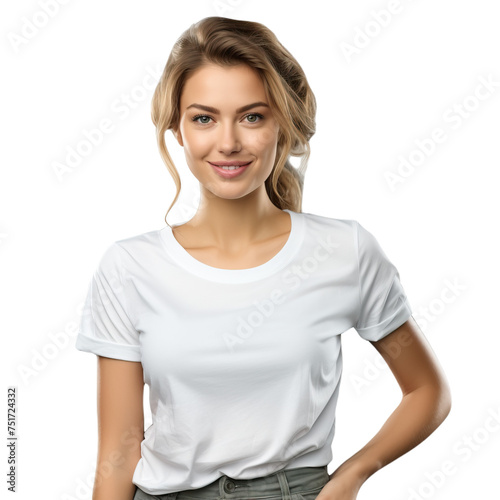 woman, beauty, smiling, person, model, smile, hair, blonde, t-shirt, fashion, people, lady, casual, one, blond, face, looking, standing, teenager, happiness, brunette, studio, teen, business, one pers