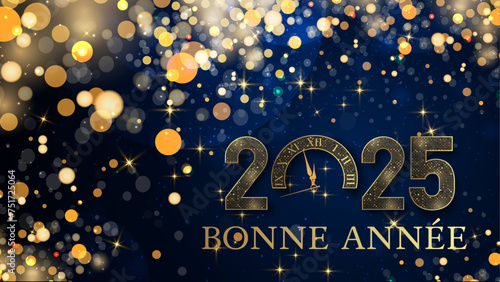 carte ou bandeau pour souhaiter une bonne année 2025 en or le 0 est une horloge sur fond dégradé bleu foncé avec des étoiles et des cercles de couleur or en effet bokeh