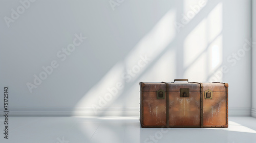 old steamer trunk stands in an empty white room natural light through a window and glossy floor