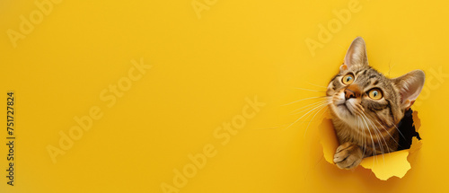 This image features a tabby cat with wide eyes peering through a torn yellow paper, depicting wonder