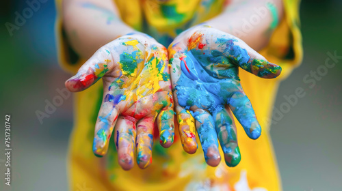 Happy Child with Colorful Painted Hands