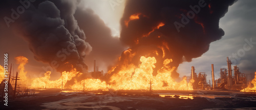 A catastrophic fire consumes an industrial facility under a somber dusk sky, with towering smoke and intense flames.