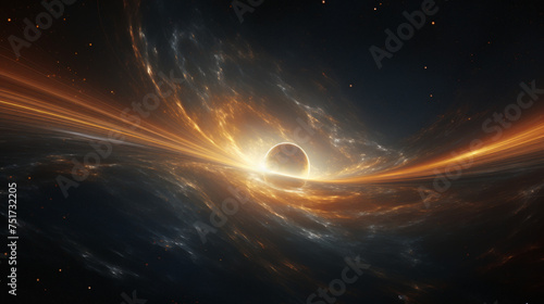 A stunning depiction of a black hole event horizon with swirling star matter around it, giving off an ethereal cosmic feel