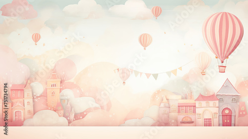 Background in pastel colors for children with clouds, balls, and flying air balloons.