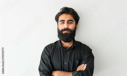 Confident young man with beard standing with crossed arms with copy space on white background