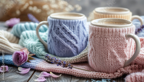Mugs in pastel colors knitted fabrics 