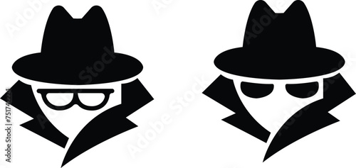 Incognito icon set with hat and eyeglasses. Spy agent black vector flat and filled logotype isolated on transparent background. Browse in private. Detective icon collection. for mobile or web design.