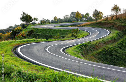 Curvy mountain road with greenery, cut out - stock png.