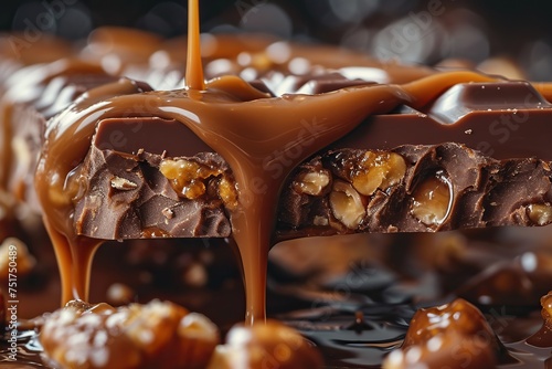 Close up of chocolate with nuts and caramel. A close-up of the delectable textures of a candy bar, with a focus on melting chocolate, crunchy nuts, and gooey caramel. 