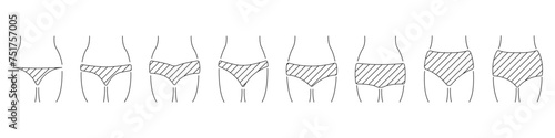 Vector collection of types of women underwear. Women underwear set. Panties in linear style vector. Types of underwear vector. Underwear.