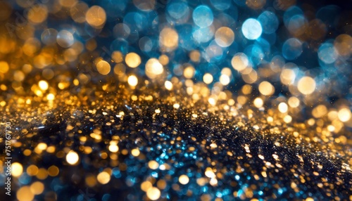 background of abstract glitter lights blue gold and black de focused