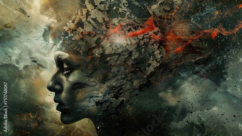Explosive head profile with dynamic elements - A dynamic and powerful visual metaphor of a human head exploding into fragments and energy, symbolizing creativity or chaos