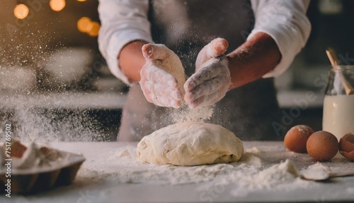 close up hands of a chef clapping hands and preparing yeast dough for pizza pasta in white flour filesr in background of modern restaurant cooking concept of food and cook