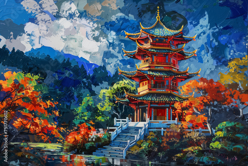 Painted colorful illustration of red Chinese pagoda, multi-story buddhist temple with mountains in the background and the blooming garden