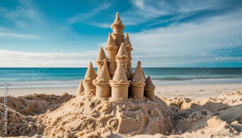 close up of a detailed sandcastle on a smooth beach