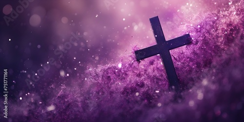A visually striking Ash Wednesday banner showcasing a symbolic cross adorned with purple ash glitter for Lent. Concept Religious Art, Lent Season, Ash Wednesday Banner, Symbolic Cross, Purple Glitter