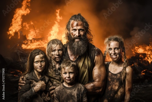 Post Apocalyptic Survivor Family, A Group of Dirty and Ragged People after Catastrophe