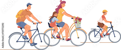 family bike ride cycling father mother and children vector illustration
