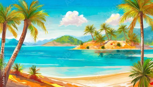 Oil painting on tropical landscape with sand and palm trees. Paradise island. Natural scenery.