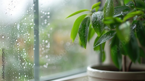 Close-up of condensation on PVC window, white plastic window, houseplant on the background, selective focus. Indoor plants and humidity concept. --ar 16:9 Job ID: 6f65ced1-4dba-40d5-b540-a84b2f1c3b01