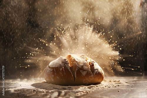 a loaf of bread with flour in the air