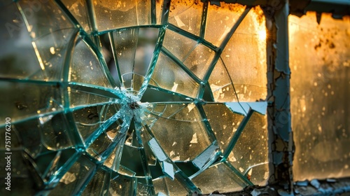 A close-up of a metal-plastic window with its glass shattered by vandals