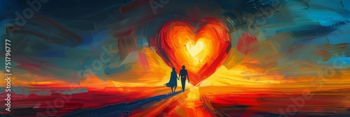 Abstract banner surrealistic painting of a loving couple walking away on the road into the sunset. carrying their love with them in the shape of a large translucent heart . background for Valentine's 
