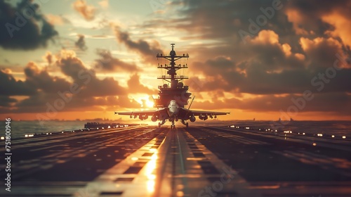 A large aircraft is parked on the runway of a military aircraft carrier while crew members perform final checks.