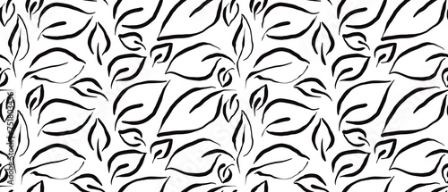 Seamless abstract botanical pattern. Simple background with black, white texture. Digital brush strokes. Leaves. Design for textile fabrics, wrapping paper, background, wallpaper, cover.