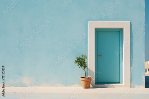 a blue door and a potted plant