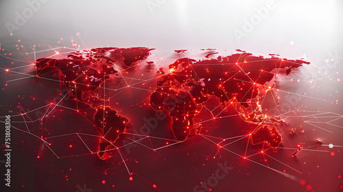 Red colored map of the world. Conception of global network connection and data sharing