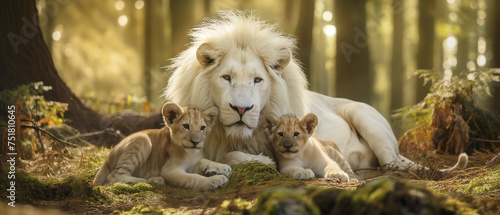 Leão albino e dois filhotes na floresta - Papel de parede