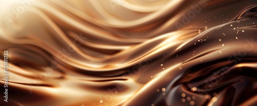 Luxurious melted chocolate background with gold sugar beads, evoking rich and indulgent sensations.
