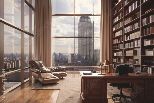 An executive leather study chair overlooks a vast urban skyline, epitomizing power and refined taste in a workspace