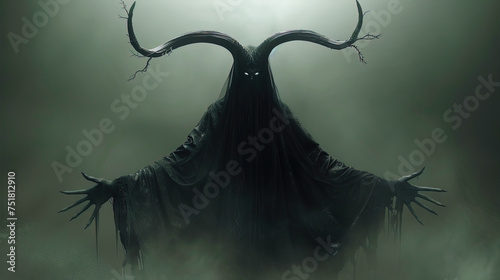 Leshy, a guardian of the forest, hidden in dense thickets, with branched horns and eyes luminous